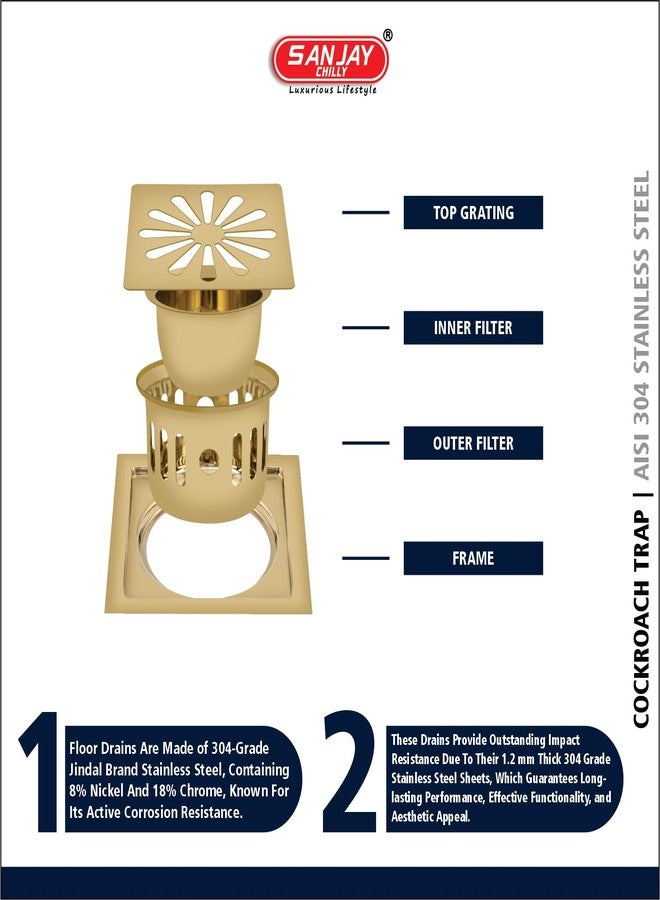 Sanjay Chilly Square Ezee Colour Collection Floor Drain Cockroach Trap for Bathroom Stainless Steel 304 Grade Waste Water Drainer Washbasin Sink Bathtub Washroom & Toilet (French Gold 6 x 6 Inch) - Image 4